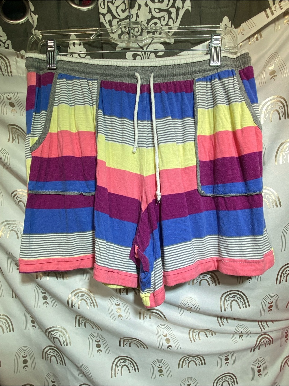 Casual Multi-Stripe Drawstring Men’s Shorts - Pink, Blue, Yellow
